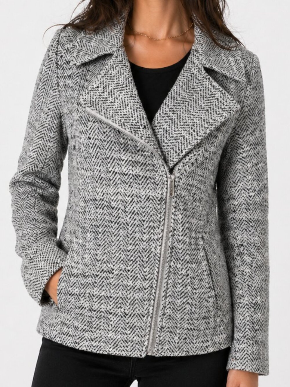 MAX STUDIO Herringbone Textured Knit Cropped Moto Zip Jacket Black Cream M